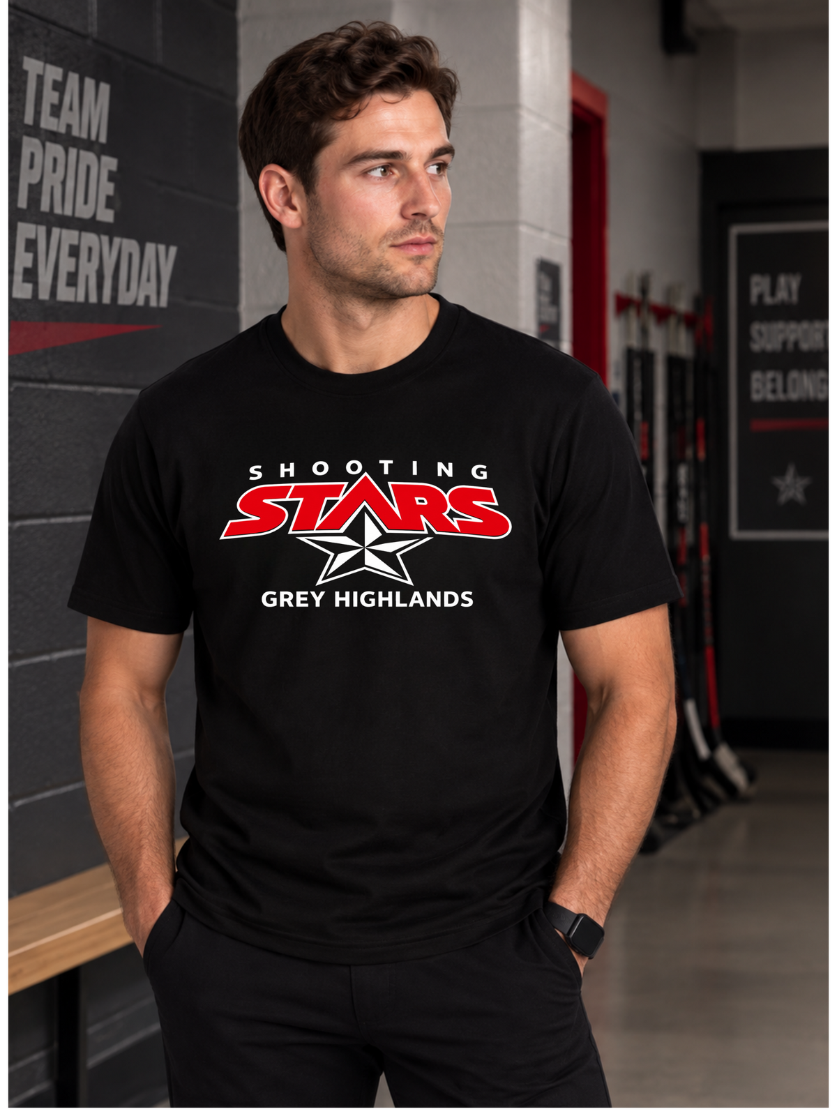 Shooting Stars Grey Highlands Adult T-Shirt – Black